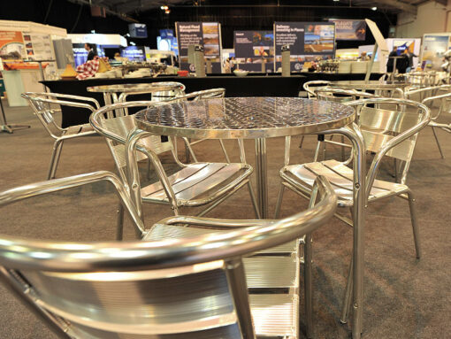round aluminium bistro table rental